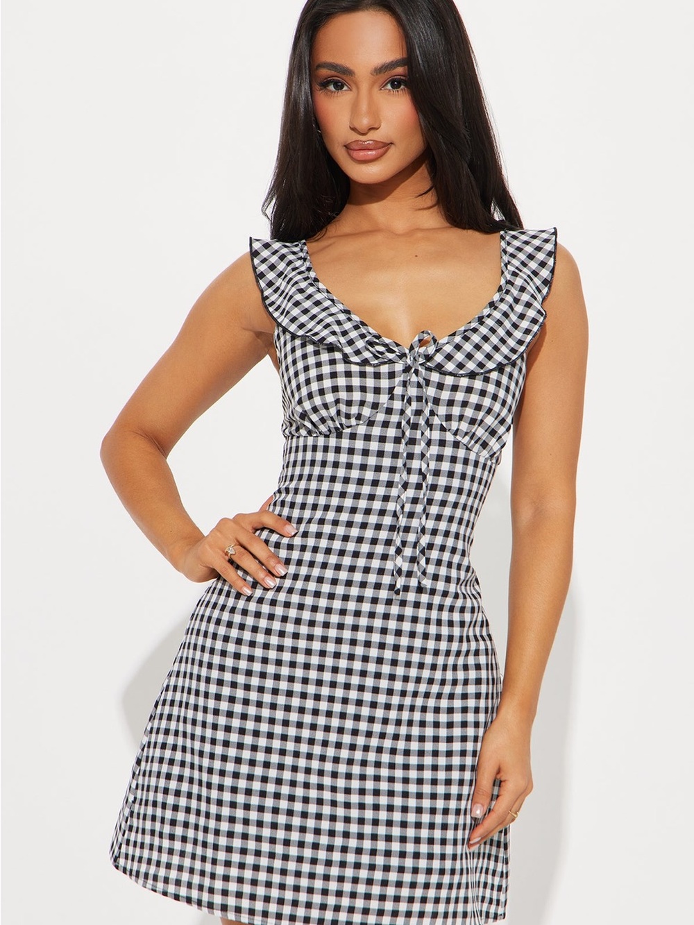 Fashion Nova Black & White Gingham Ruffle Tie-Front Mini Dress